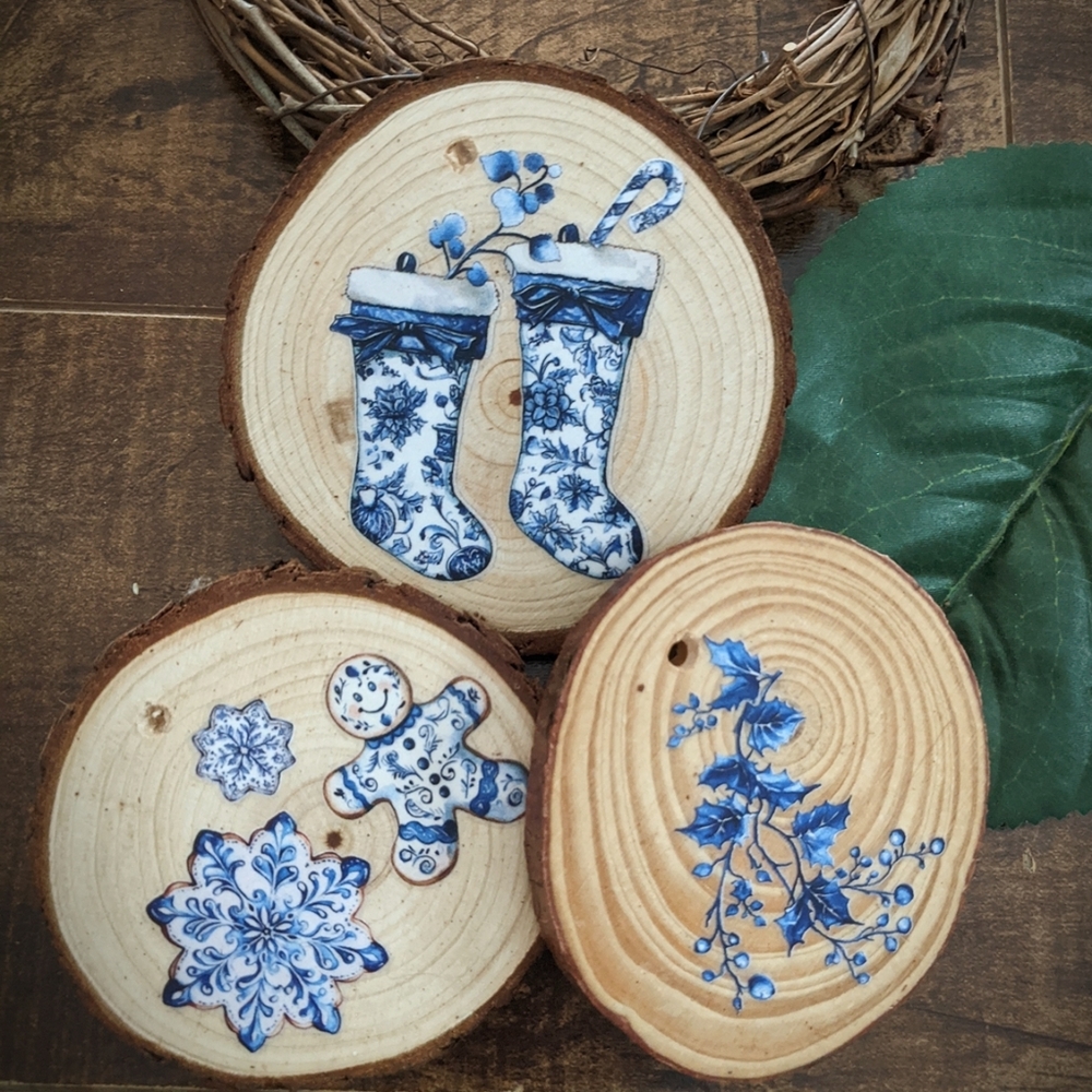 Blue Toile holiday ornaments (2) - handmade wood slice decoration Christmas/Yule